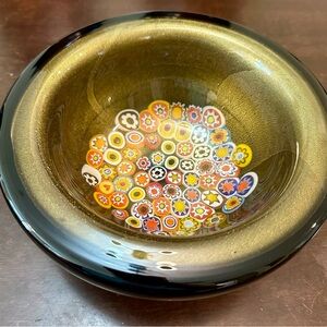 Black and Gold Aventurine Gambaro & Poggi?Murano Venetian Glass Millefiori Bowl